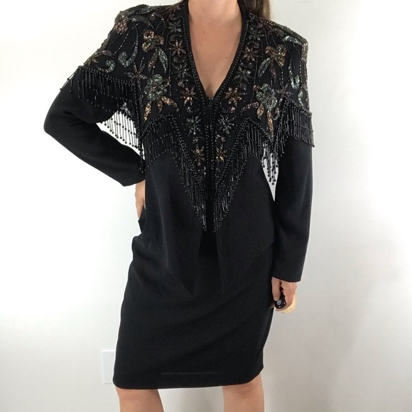 CASADEI Vintage Black Beaded Floral Fringe Cocktail Blazer Jacket Skirt Suit Set - Picture 1 of 16